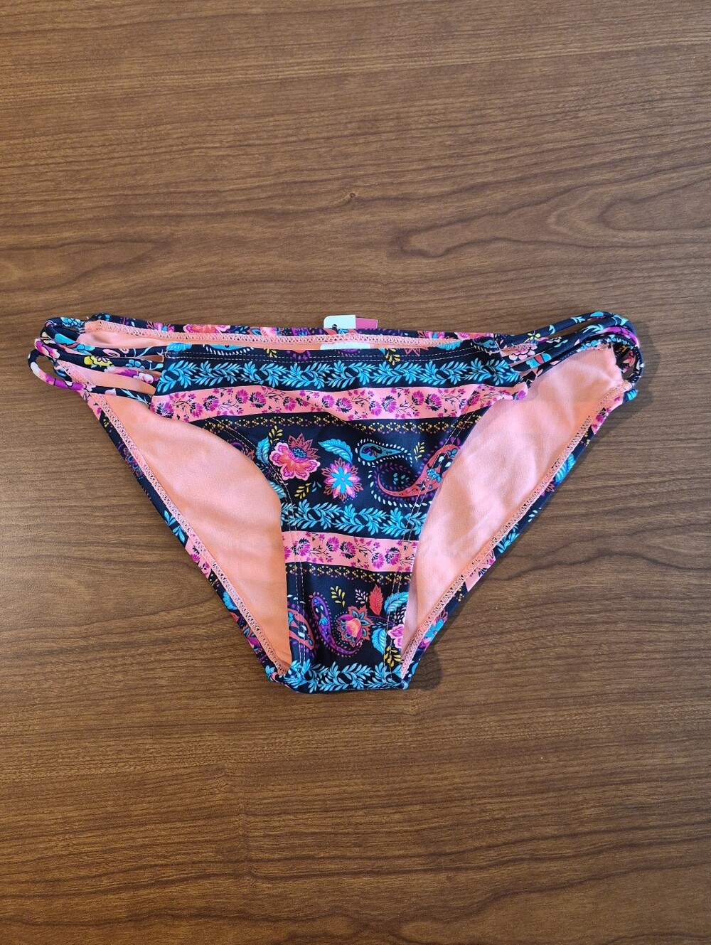 Bikini Bottom Xhilaration Strappy Twisted Sides Paisley Floral Cheeky NEW Sz Sm